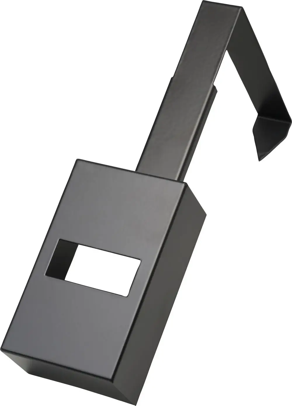 Graues Gehäuse für Thermometer mit rechteckigem Fenster und aufsteckbarem Haken, geeignet für den Einsatz in Verbindung mit Bosch Pufferspeichern.